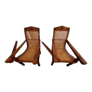 Used 2000s Bauer Mahogany & Woven Cane Wood Chairs- a Pair for sale image