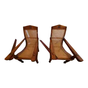 Used 2000s Bauer Mahogany & Woven Cane Wood Chairs- a Pair for sale image