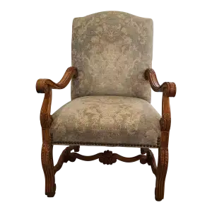 Used 2000s Large Thomasville Upholstered Arm Chair With Wood Arms, Legs & Brass Nailhead Trim for sale